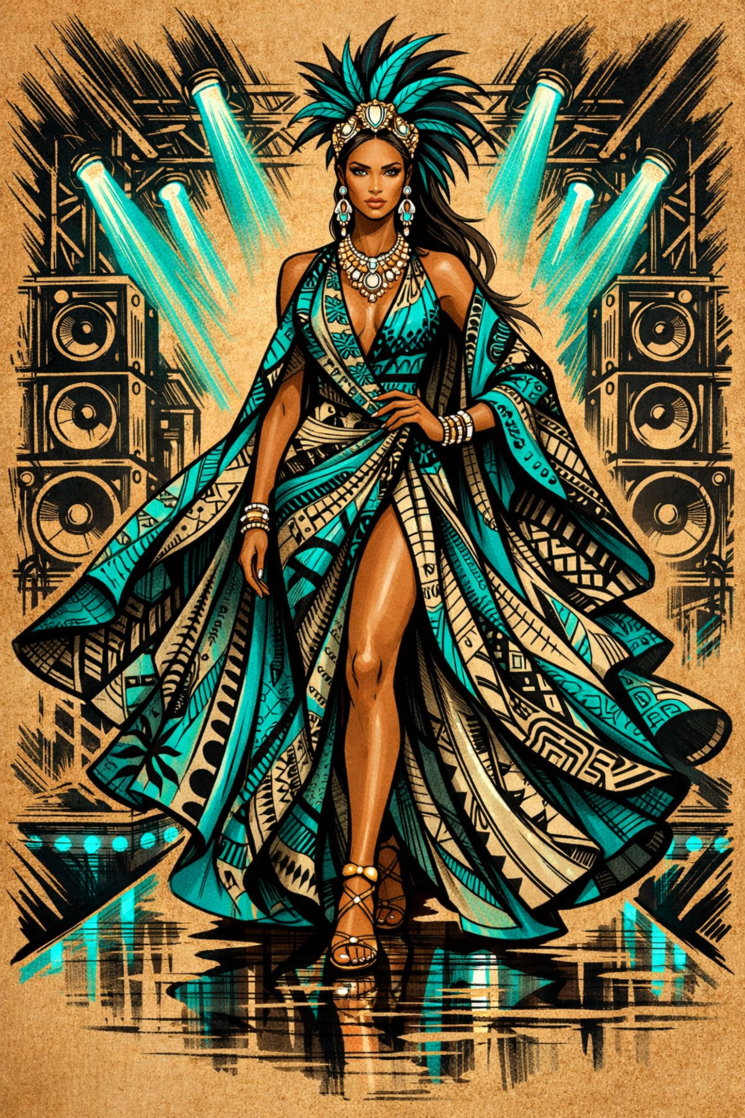 A model showcasing Pacific-inspired fashion on the runway at the Talofa Fest cultural celebration.