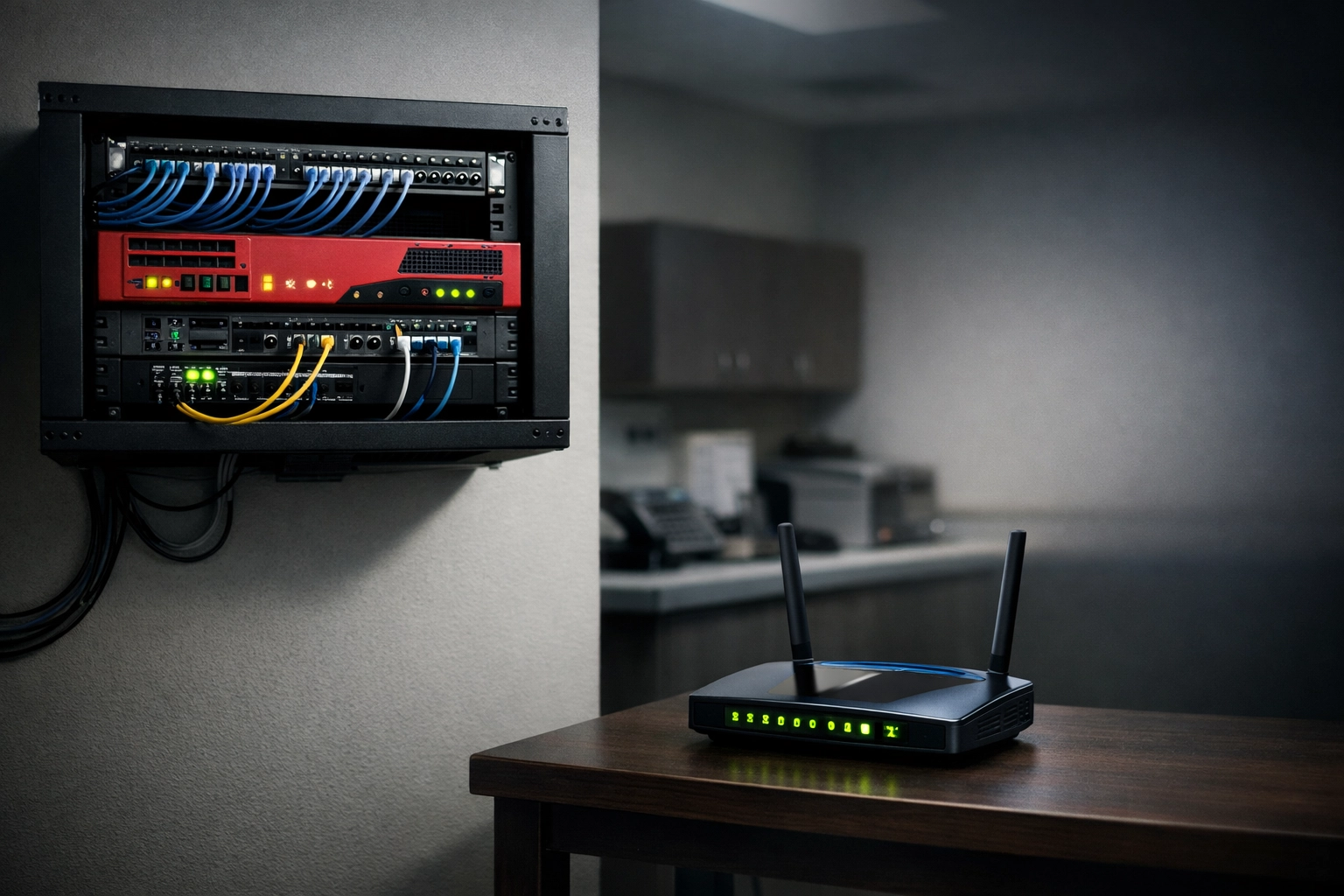 Consumer-grade router vs enterprise firewall in a Lincoln, Nebraska clinic IT area, showing why retail hardware creates security risk.