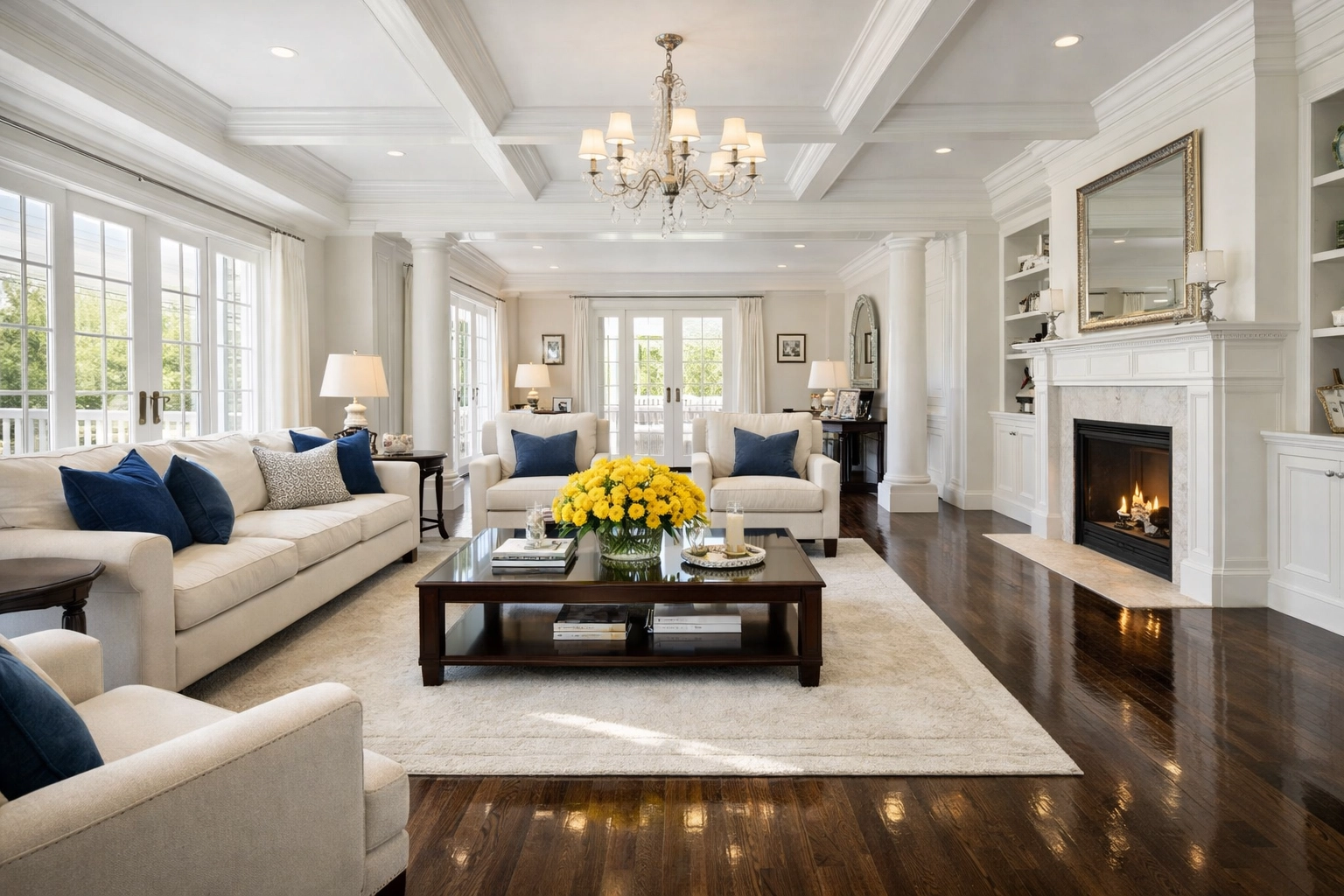 Dust-free Southborough living room featuring polished hardwood floors and clean crown moldings after house cleaning.