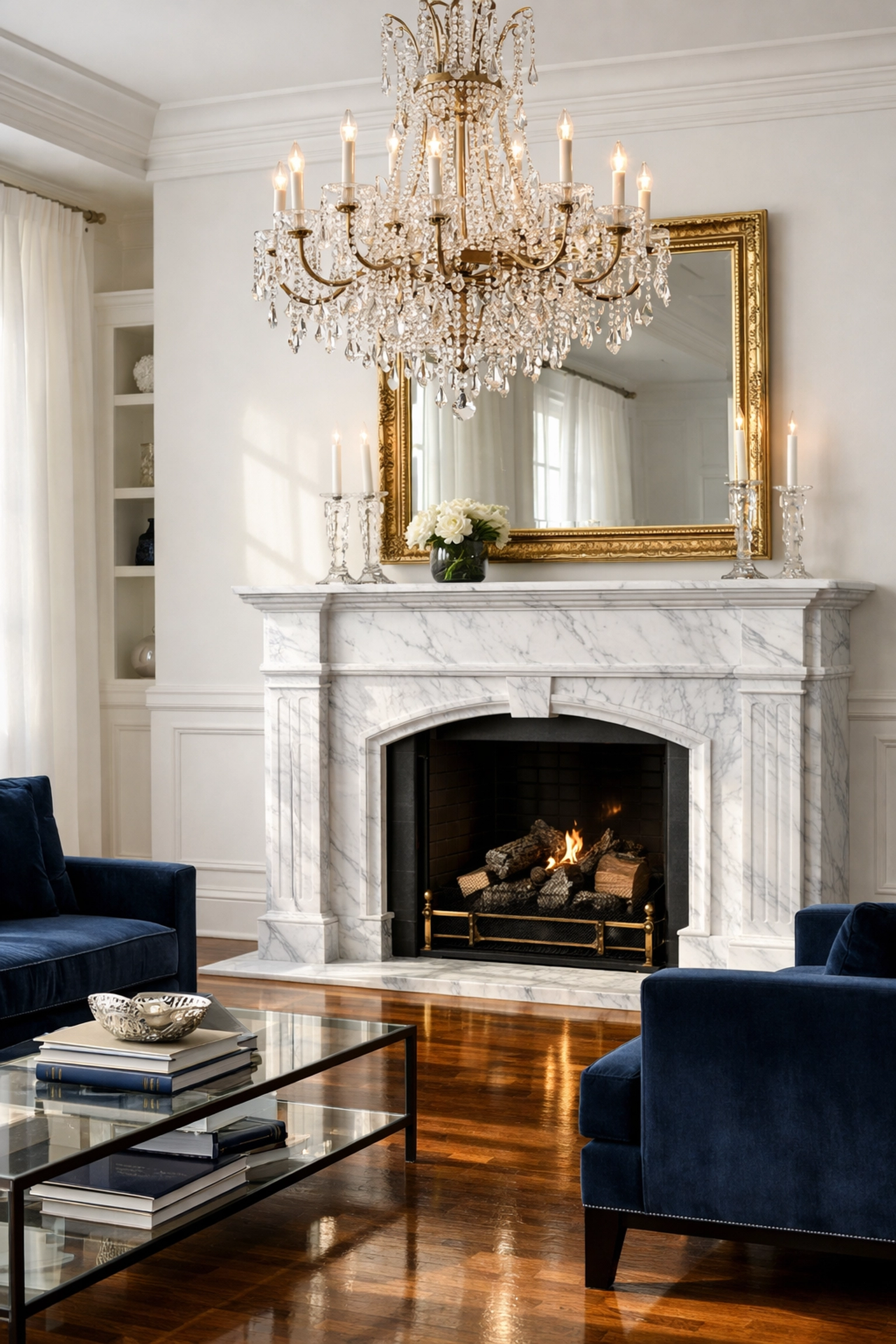 Luxury residential cleaning Massachusetts service in a pristine Dover living room with a marble fireplace.