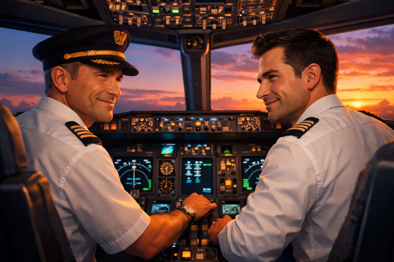 Two gay pilots sharing moment in cockpit illustrating MM romance authority trope
