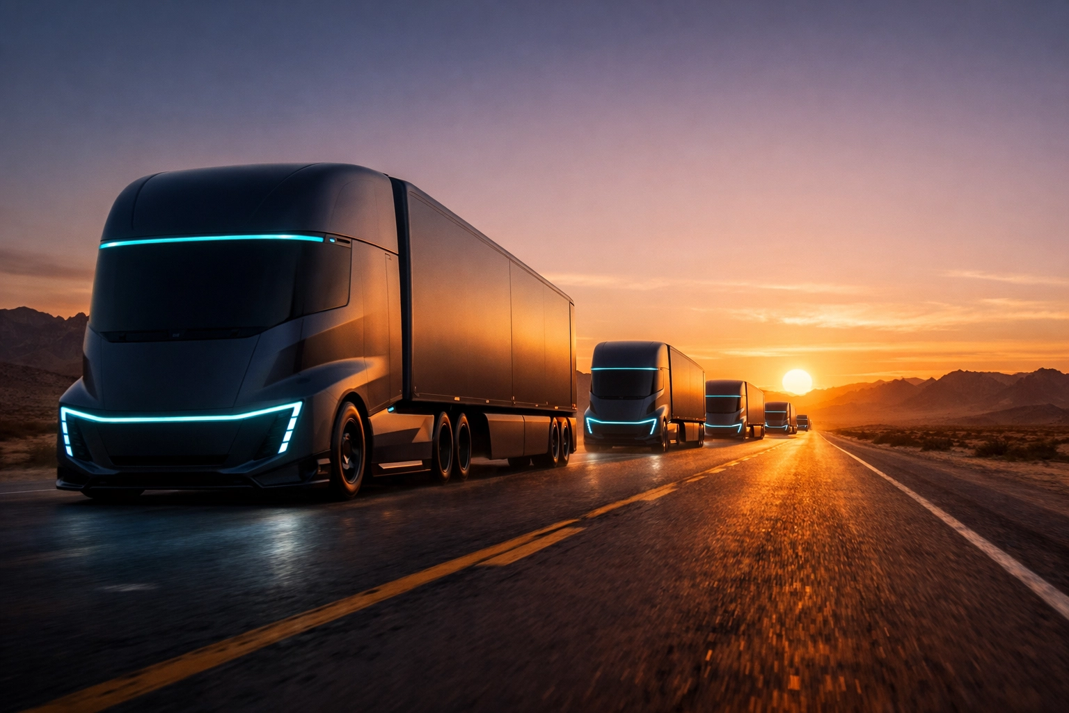Autonomous electric semi-trucks driving on a highway representing future logistics.