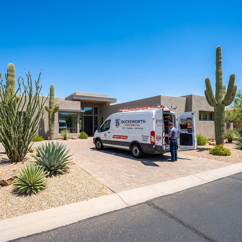 Bucksworth Home Services van at a Scottsdale residence providing fast emergency AC repair in Scottsdale AZ.
