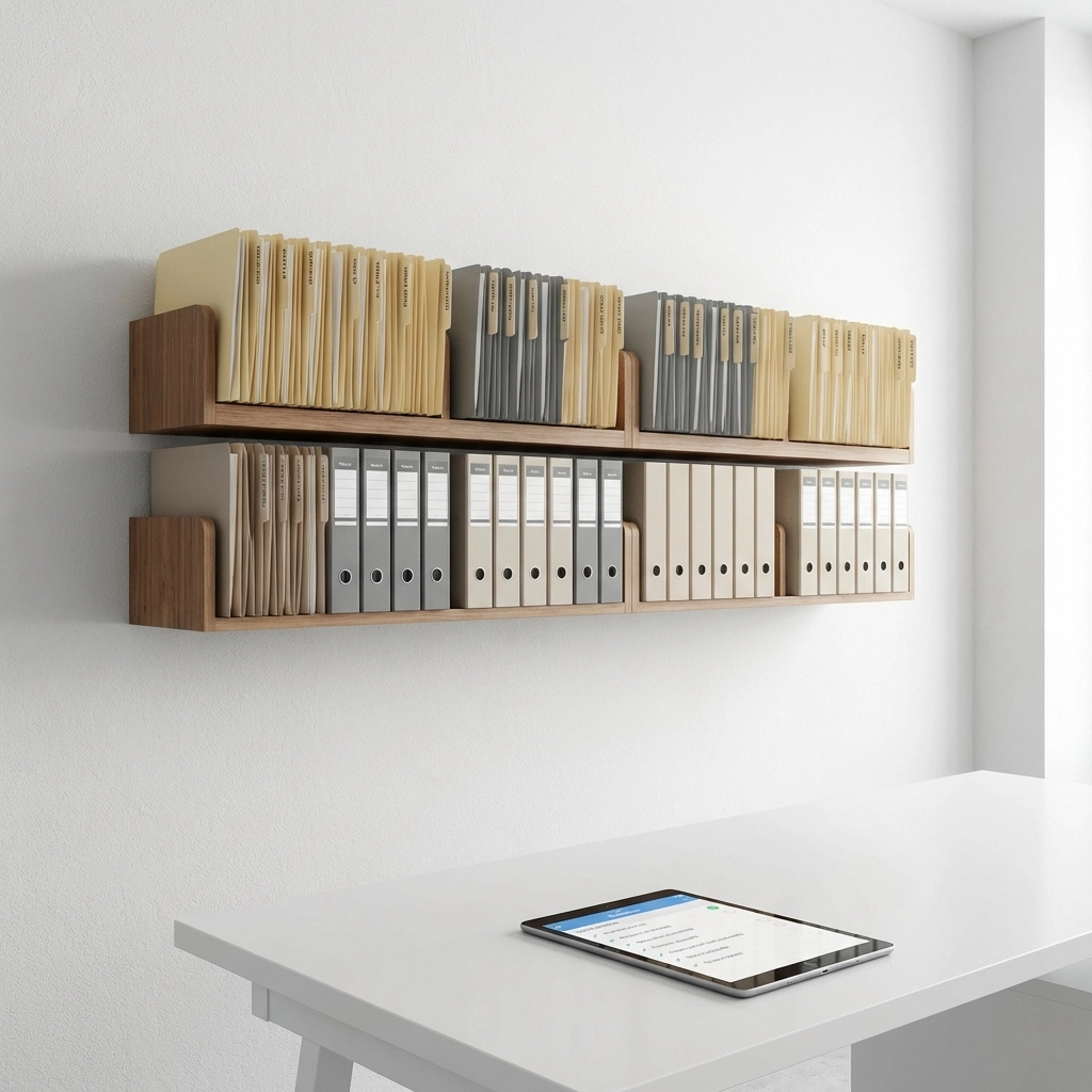 Minimal office filing system with labeled folders and a digital checklist illustrating systematic tax documentation