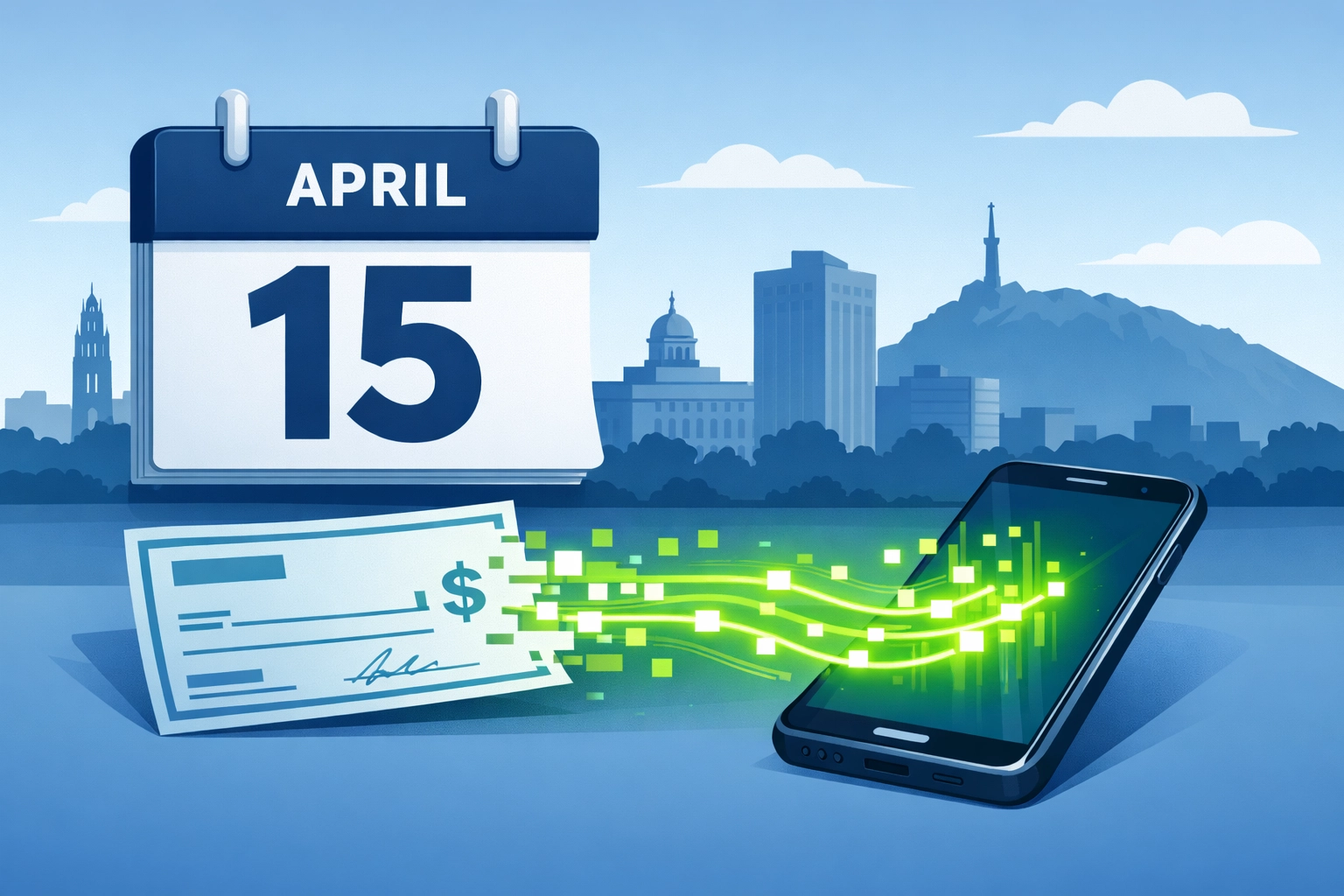 Digital calendar for April 15 showing the transition from paper checks to fast direct deposit in New Haven.
