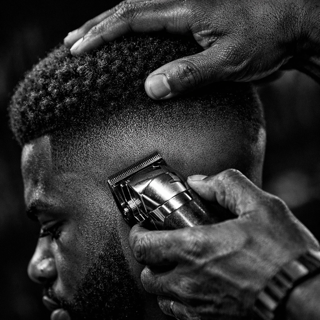 Professional barber performing precision fade on textured hair with clippers
