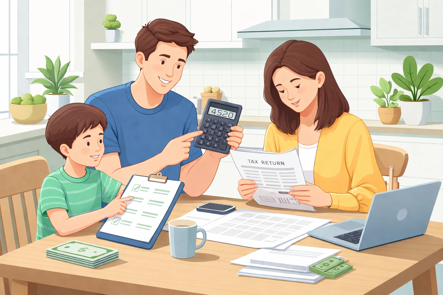 Family reviewing amended tax return paperwork at home, discussing deductions and dependents.