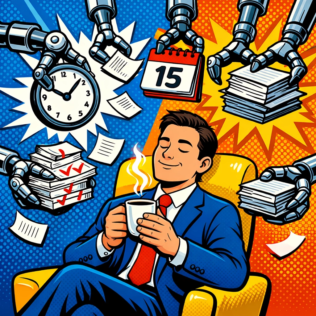 A business owner relaxing with coffee as robotic arms handle calendars and admin tasks using automation tools.