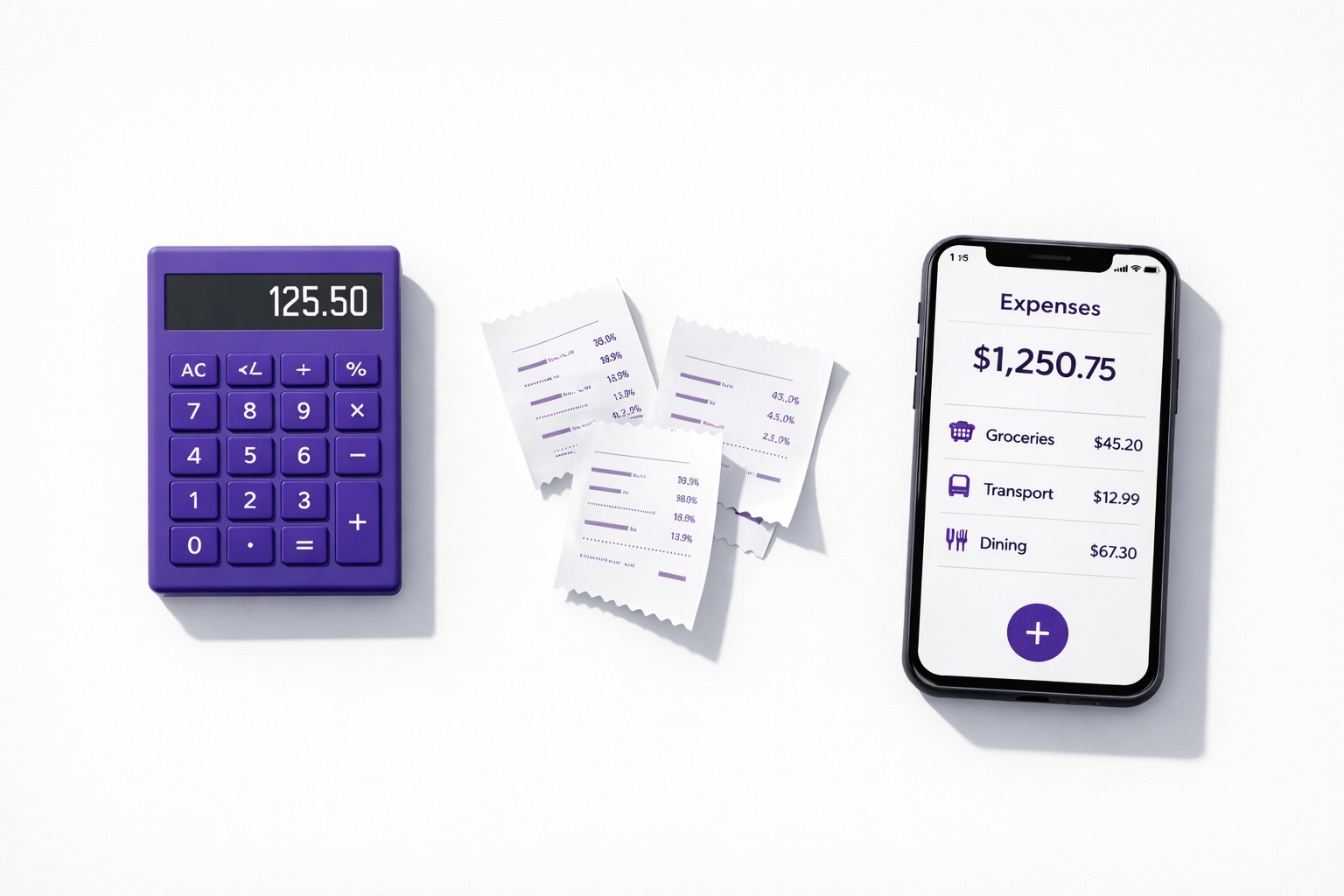 Expense tracking workspace with calculator receipts and mobile app for small business bookkeeping