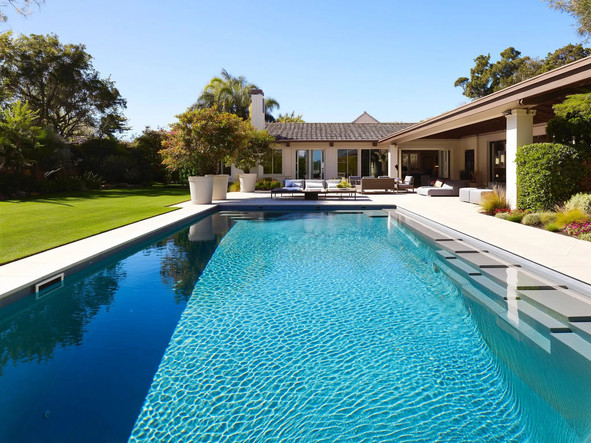 A pristine, professionally maintained residential pool area with crystal-clear water