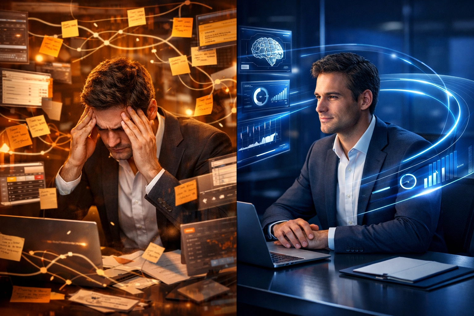 Comparison of chaotic human-first workflow vs streamlined agent-first business automation