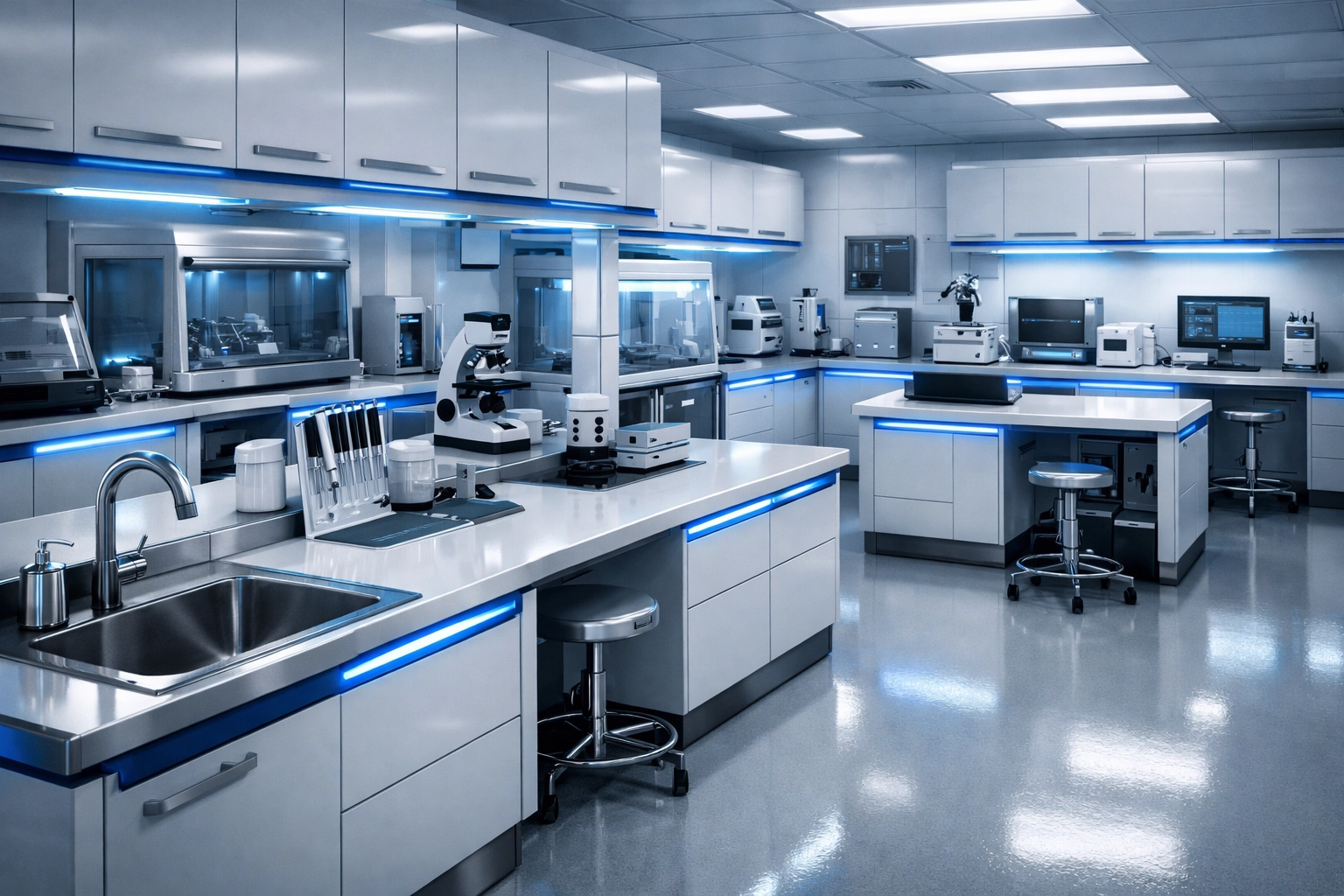 Sterile lab facility with clean epoxy floors maintained by industrial-strength janitorial services.