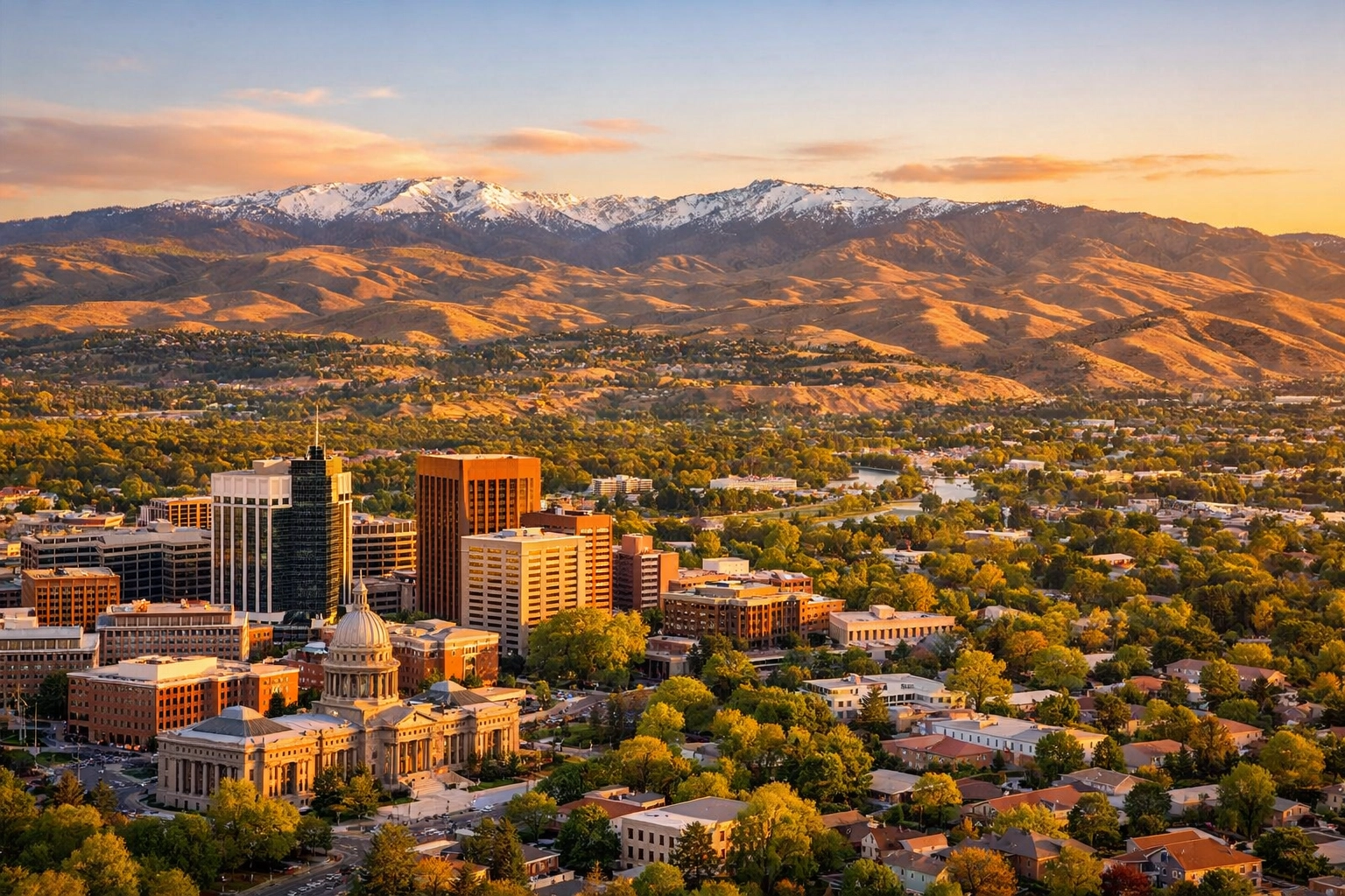 Aerial view of Boise Treasure Valley showing downtown, suburbs, and Boise Foothills at sunset