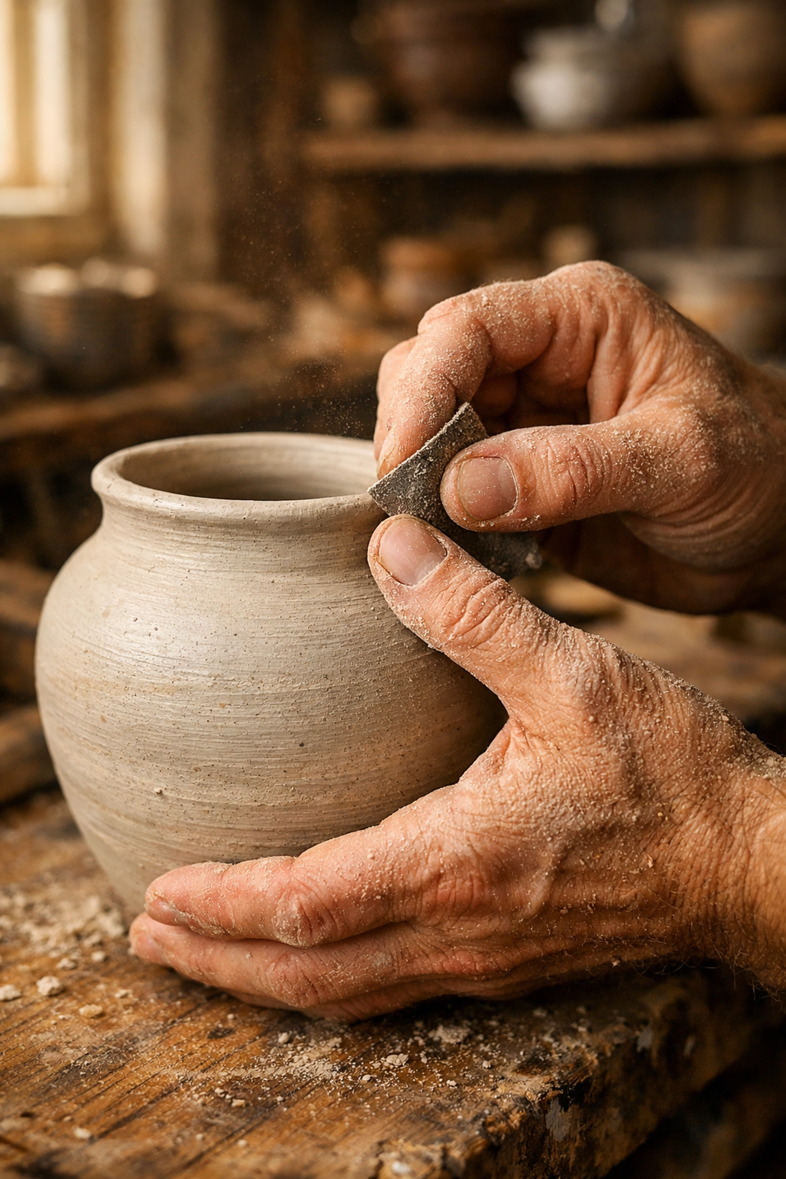 Artisan hands crafting unique handmade gifts on a rustic wooden workbench.