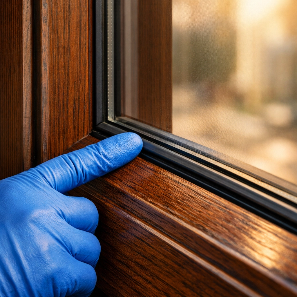 Expert cleaner inspecting a window seal for damage during a professional home cleaning.
