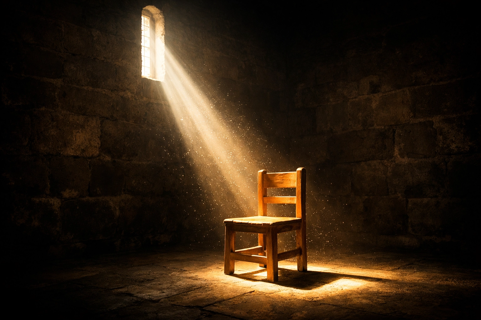 Bright beam of light illuminating a simple chair, representing God’s restoration and hope for the Iranian people.