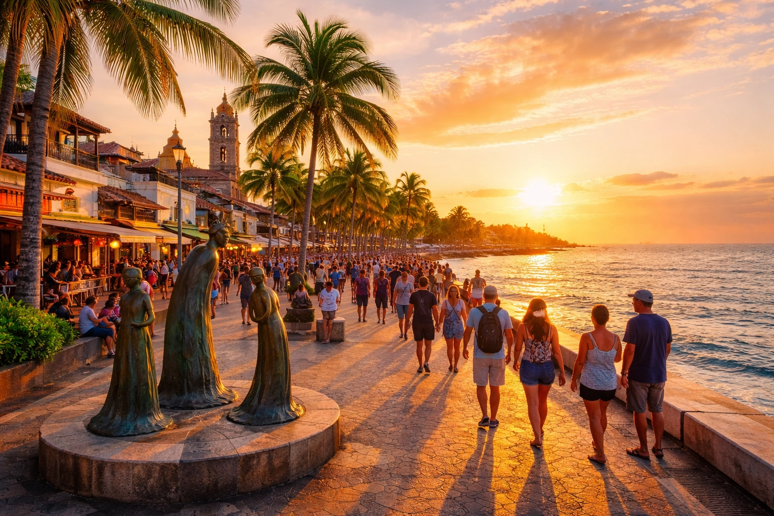 Puerto Vallarta Malecon at sunset with locals and tourists along the boardwalk by the ocean