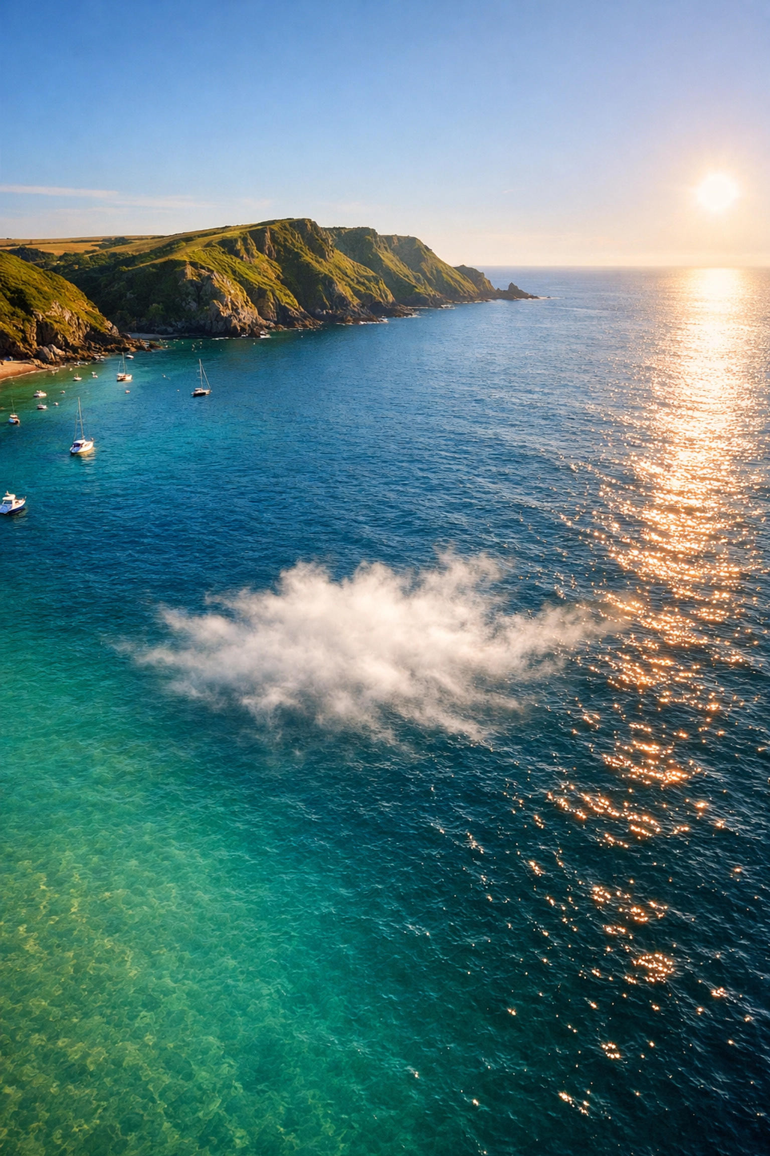 A serene drone ash scattering ceremony over the blue waters of Salcombe Estuary in South Devon.