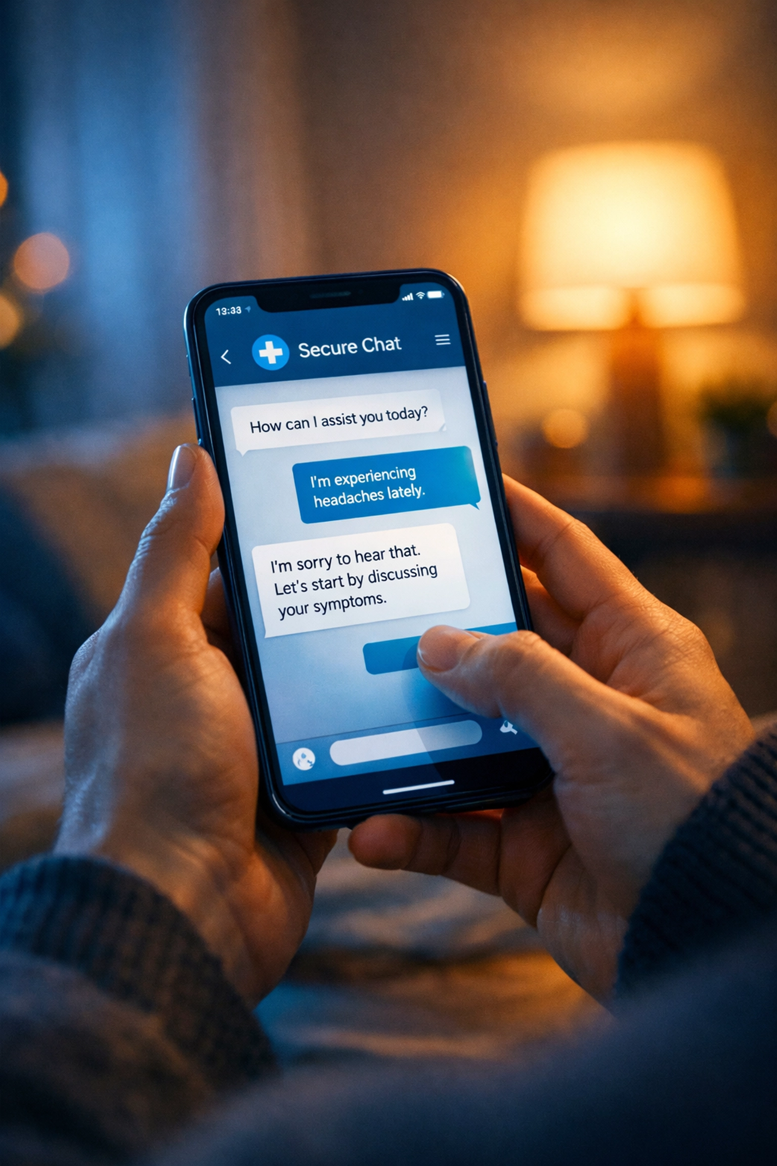 Patient using a secure medical messaging app to chat with a doctor online for an urgent UTI prescription.