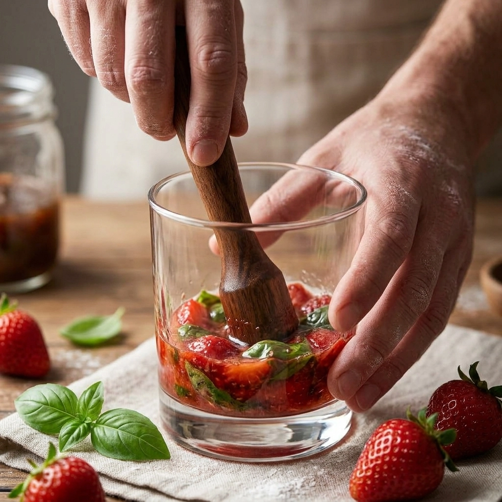 Muddling strawberries and basil