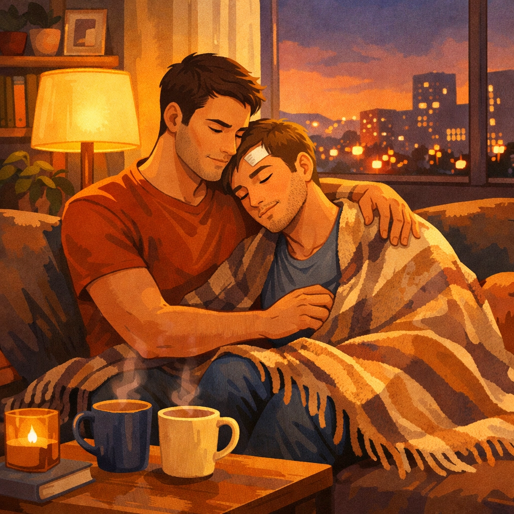 Two men sharing intimate moment on couch in MM romance story