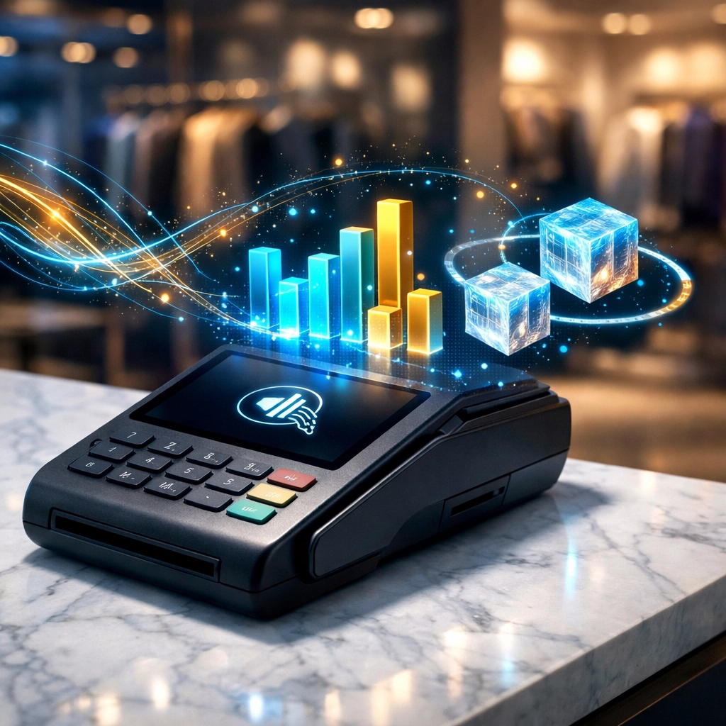 AI-driven crypto POS terminal showing holographic merchant data and smart retail payment analytics.