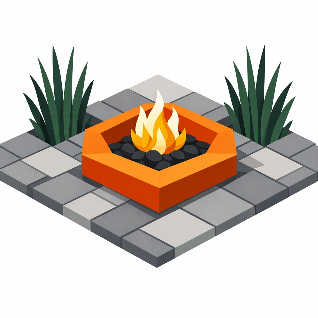 Premium commercial outdoor social area featuring a modern fire pit and interlock stone patio.