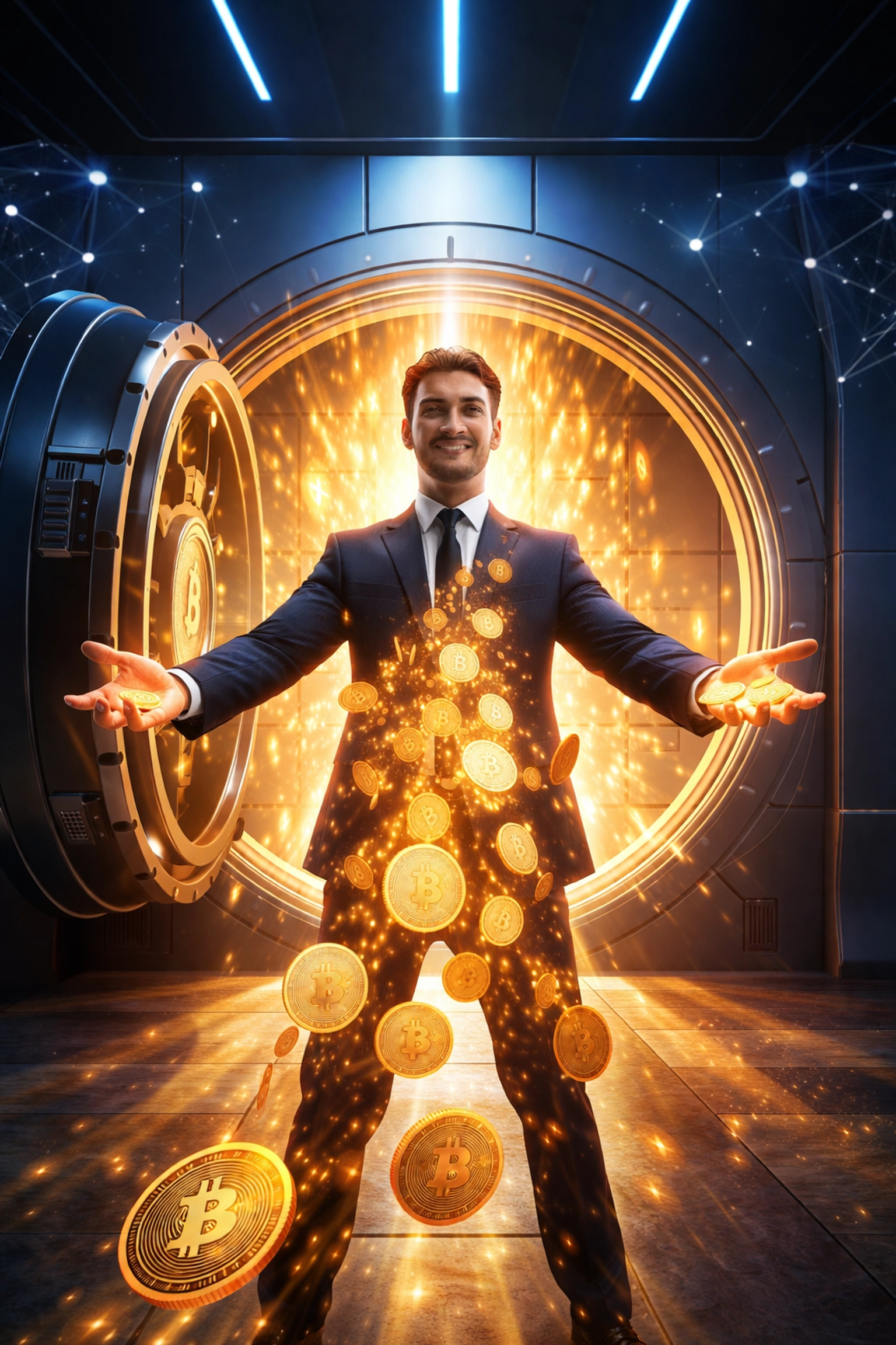 A self-custody crypto payment vault opens, releasing coins directly to a confident small business owner, symbolizing merchant freedom with Larecoin.