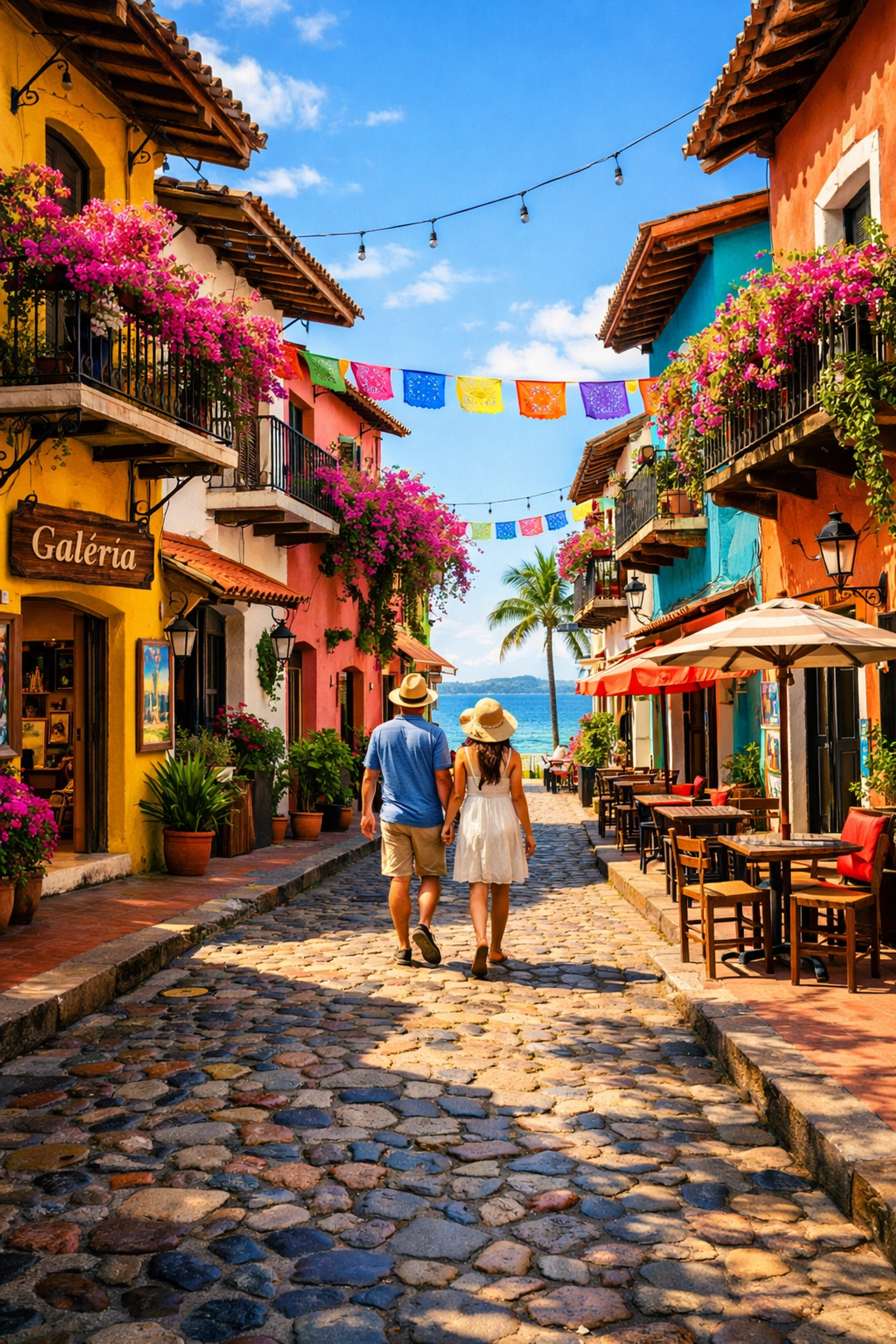 Couple walking cobblestone street in Puerto Vallarta's colorful Old Town neighborhood