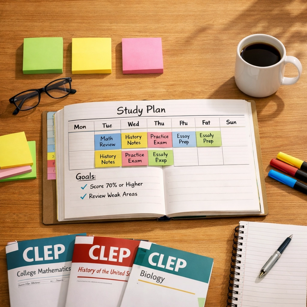 Organized CLEP study plan with color-coded schedules and practice materials on desk (1x1, center safe zone)