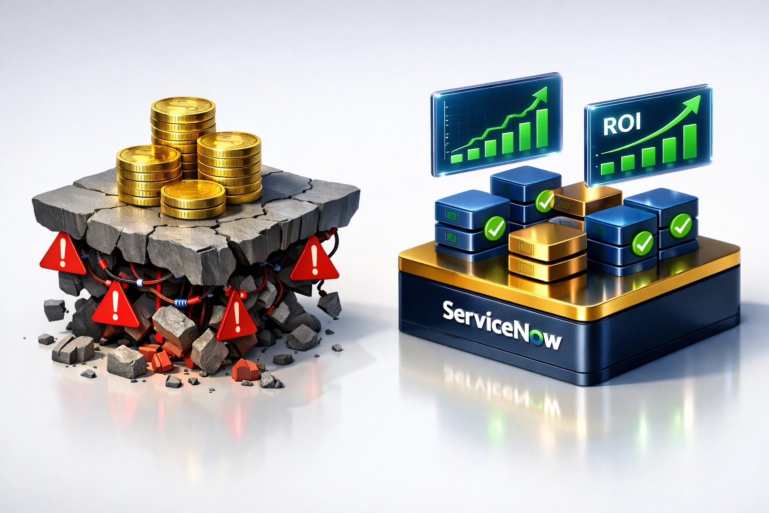 ServiceNow implementation cost comparison showing technical debt from low-cost partners versus quality ROI