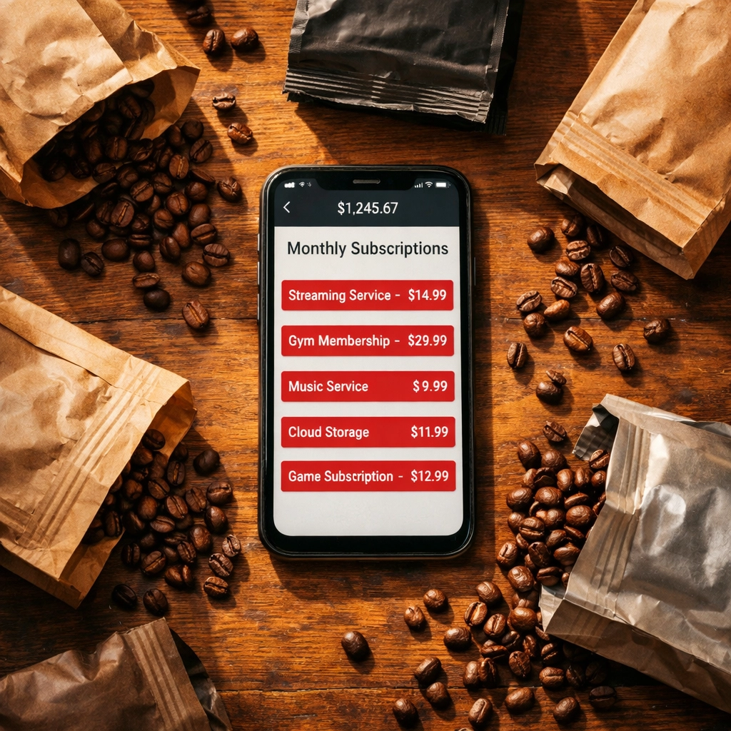 Smartphone showing subscription charges surrounded by wasted half-empty coffee bags on wooden table