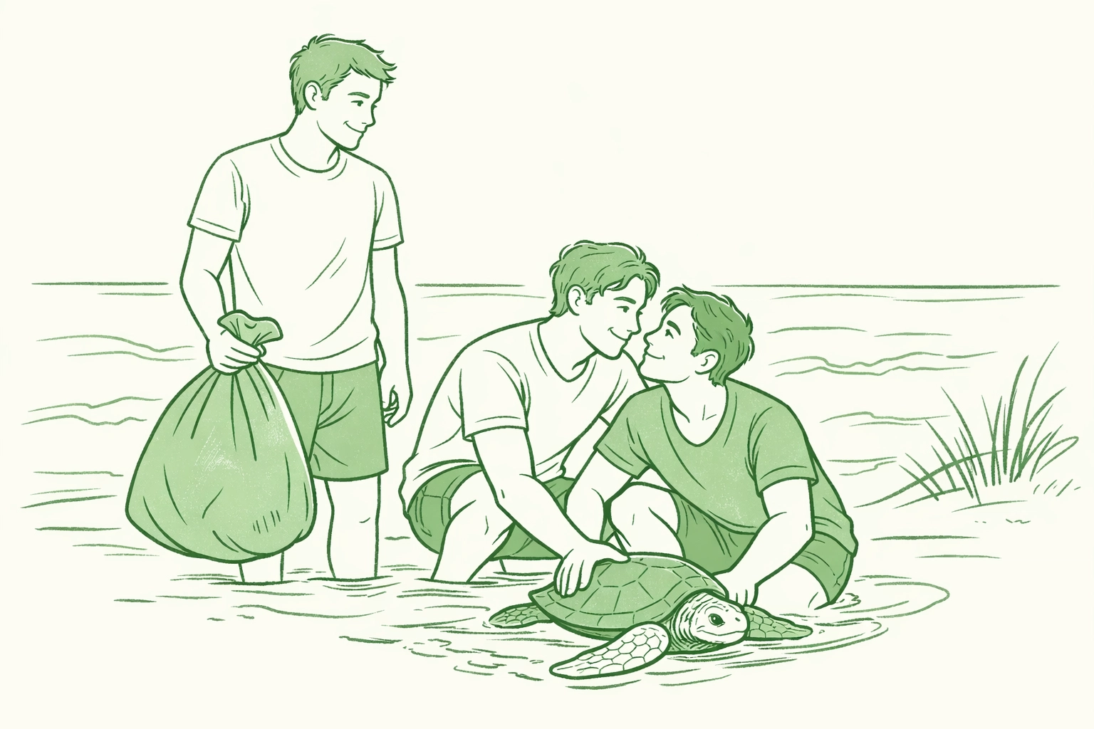 Gay environmental activists releasing rehabilitated sea turtle into ocean