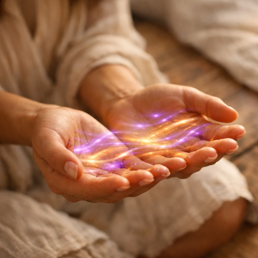 Detailed view of hands pulsing with warm energy for visceral healing and writing.