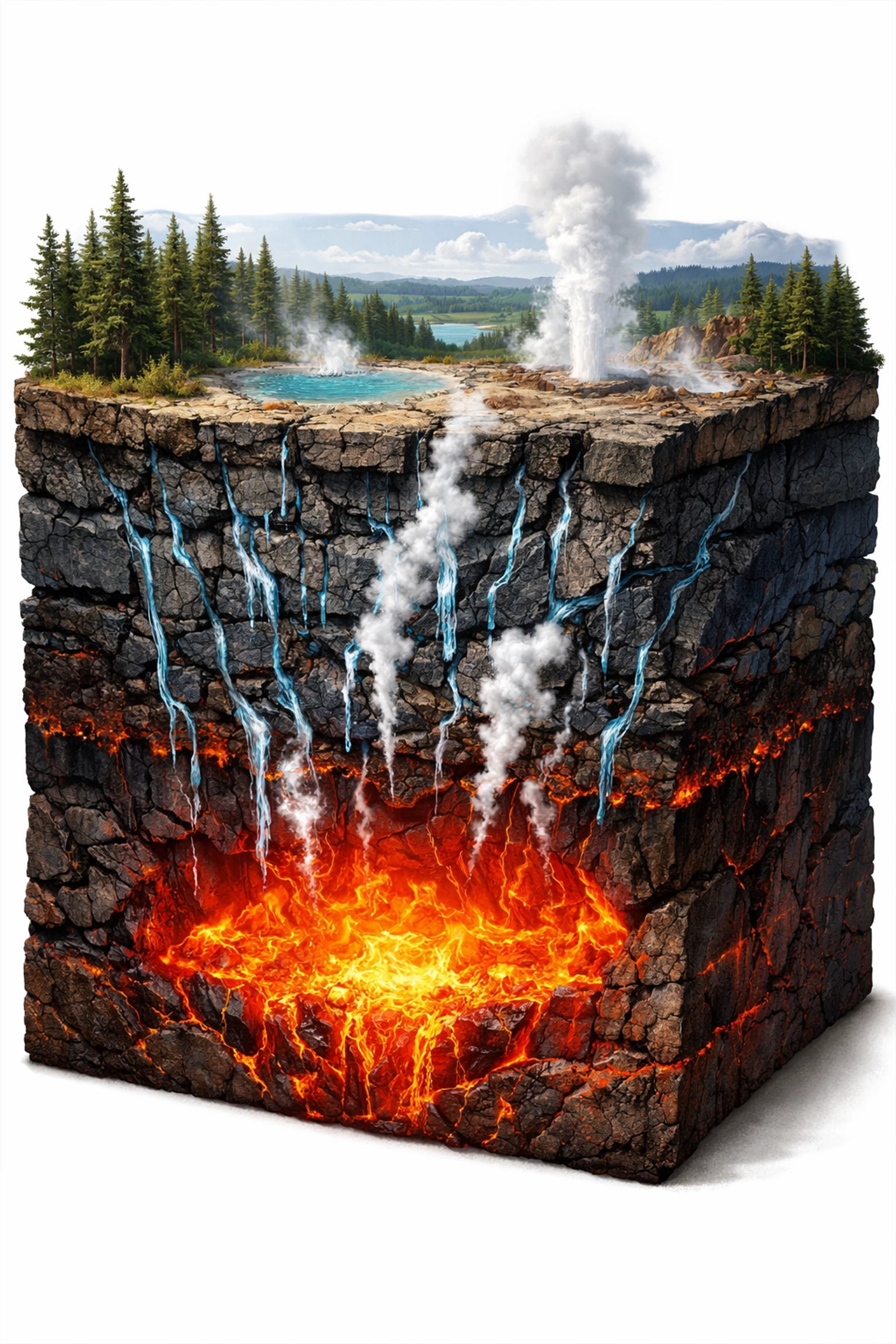 Cross-section illustration showing Yellowstone's magma chamber heating underground water sources.