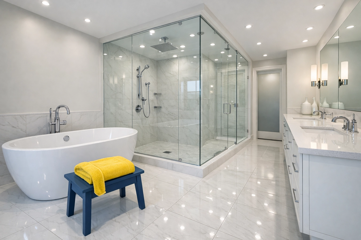 A deep-cleaned luxury master bathroom with polished surfaces by professional house cleaning services MA.