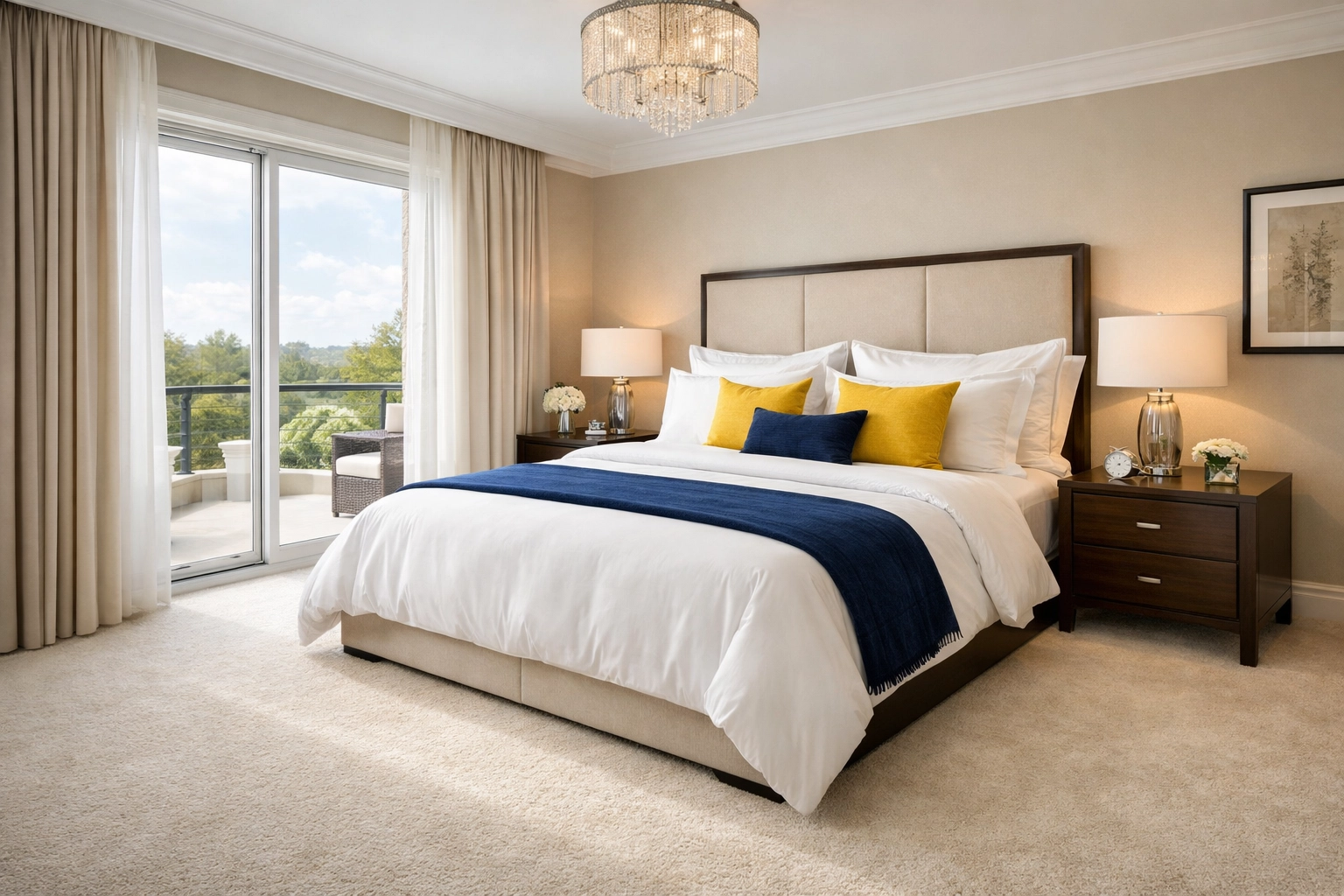 Master bedroom with professional bed-making and vacuumed carpet from weekly house cleaning.