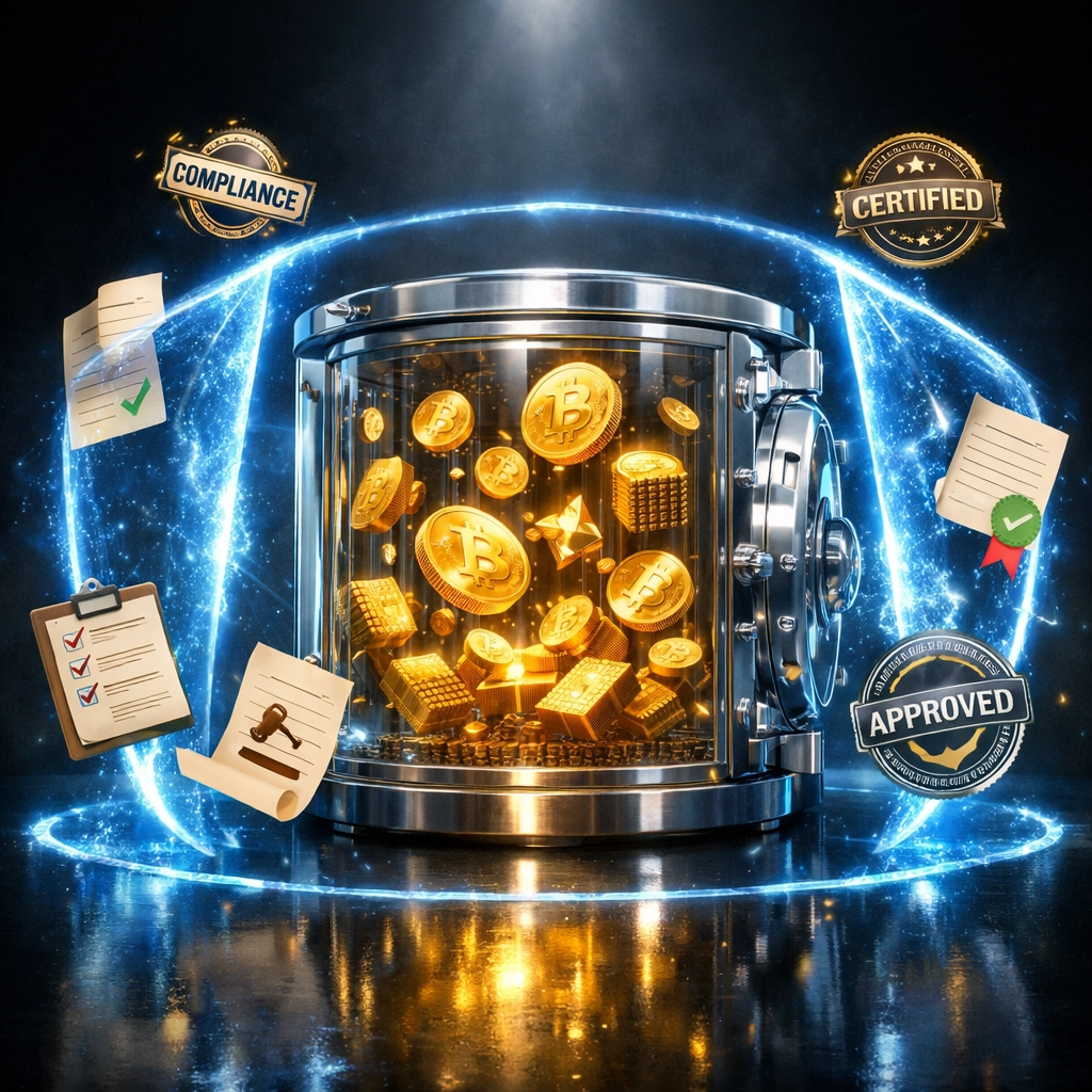 Secure digital asset custody vault showing protected cryptocurrency holdings with compliance
