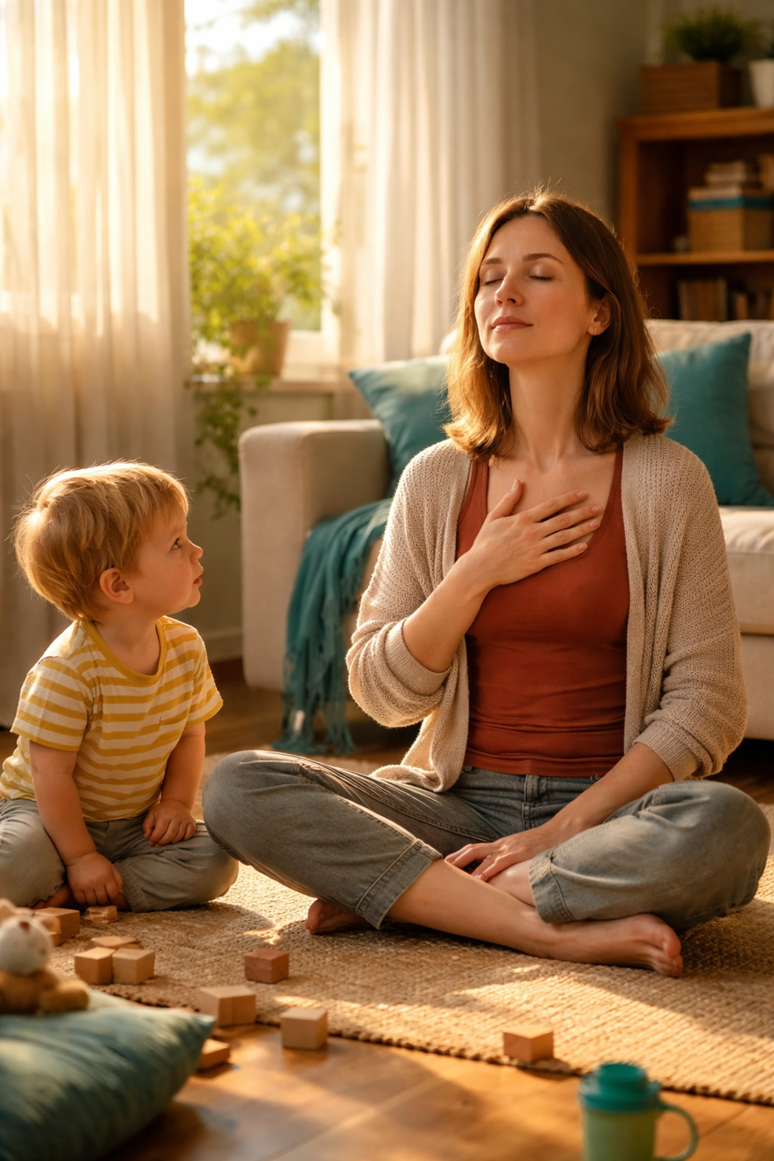 Mother practices mindful breathing on living room floor as young child observes, modeling the pause for emotional regulation.