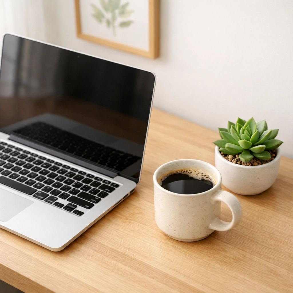 Minimalist workspace with a laptop on a clean desk, highlighting clutter-free small business web design.