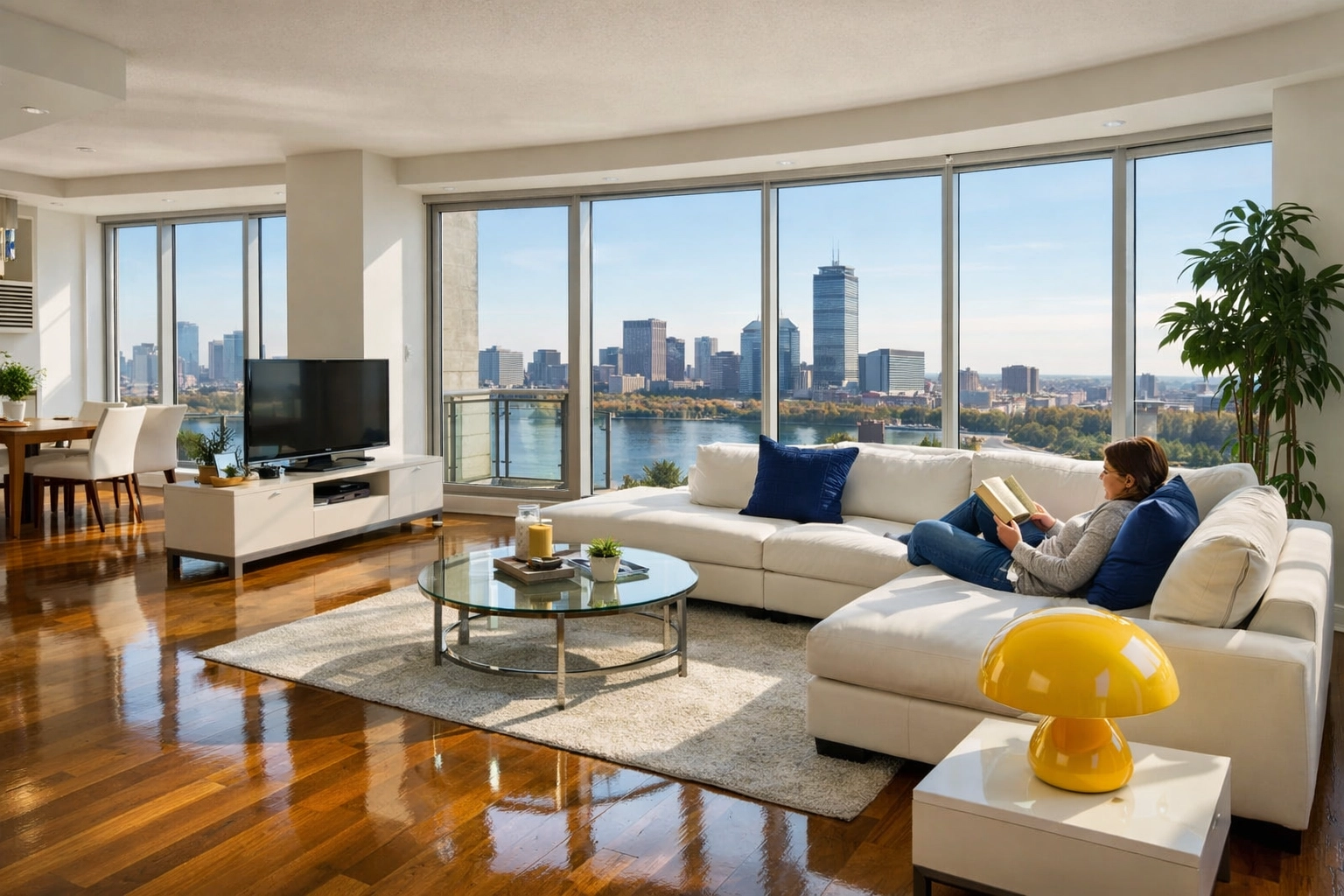 Happy homeowner in a clean Boston apartment made spotless by deep cleaning services near me.