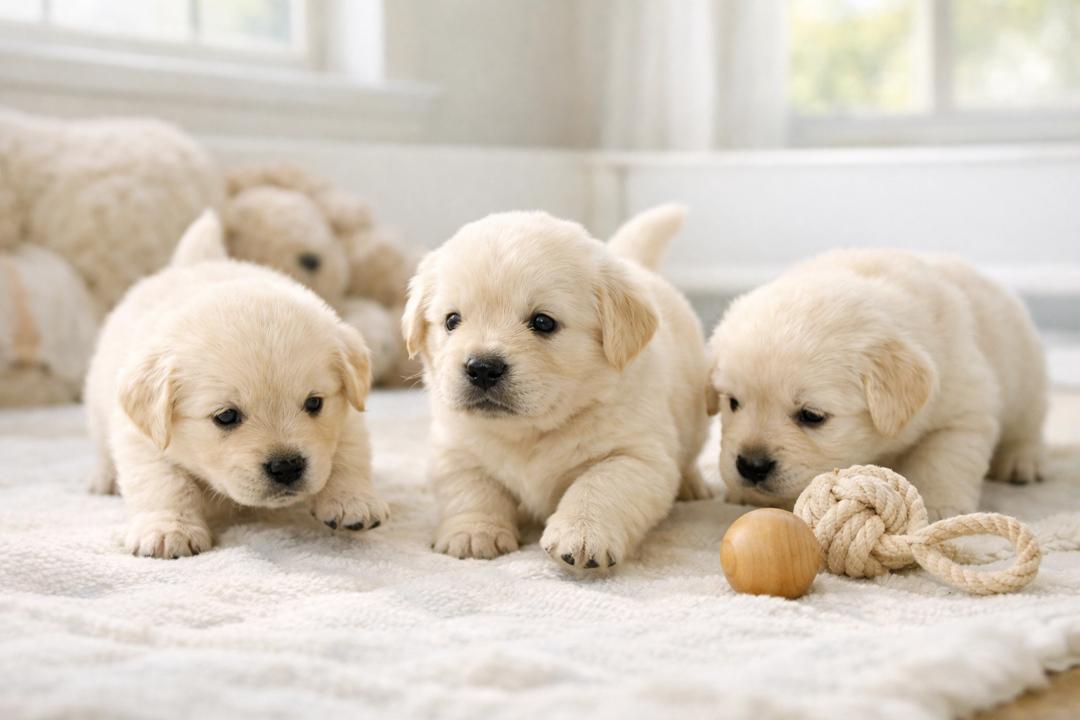 Two-week-old socialized English Cream Golden Retriever puppies exploring during early development