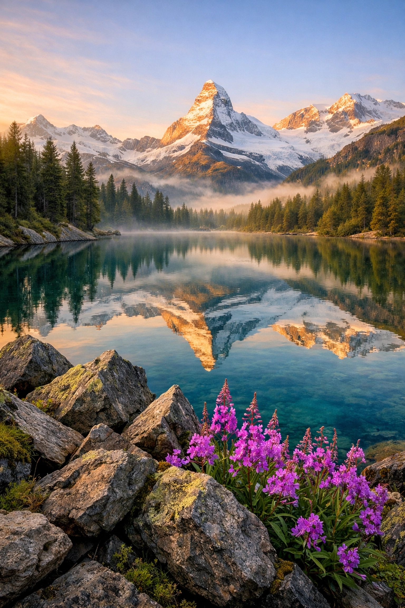 Swiss Alps sunrise over glacial lake with wildflower foreground, beginner landscape photography