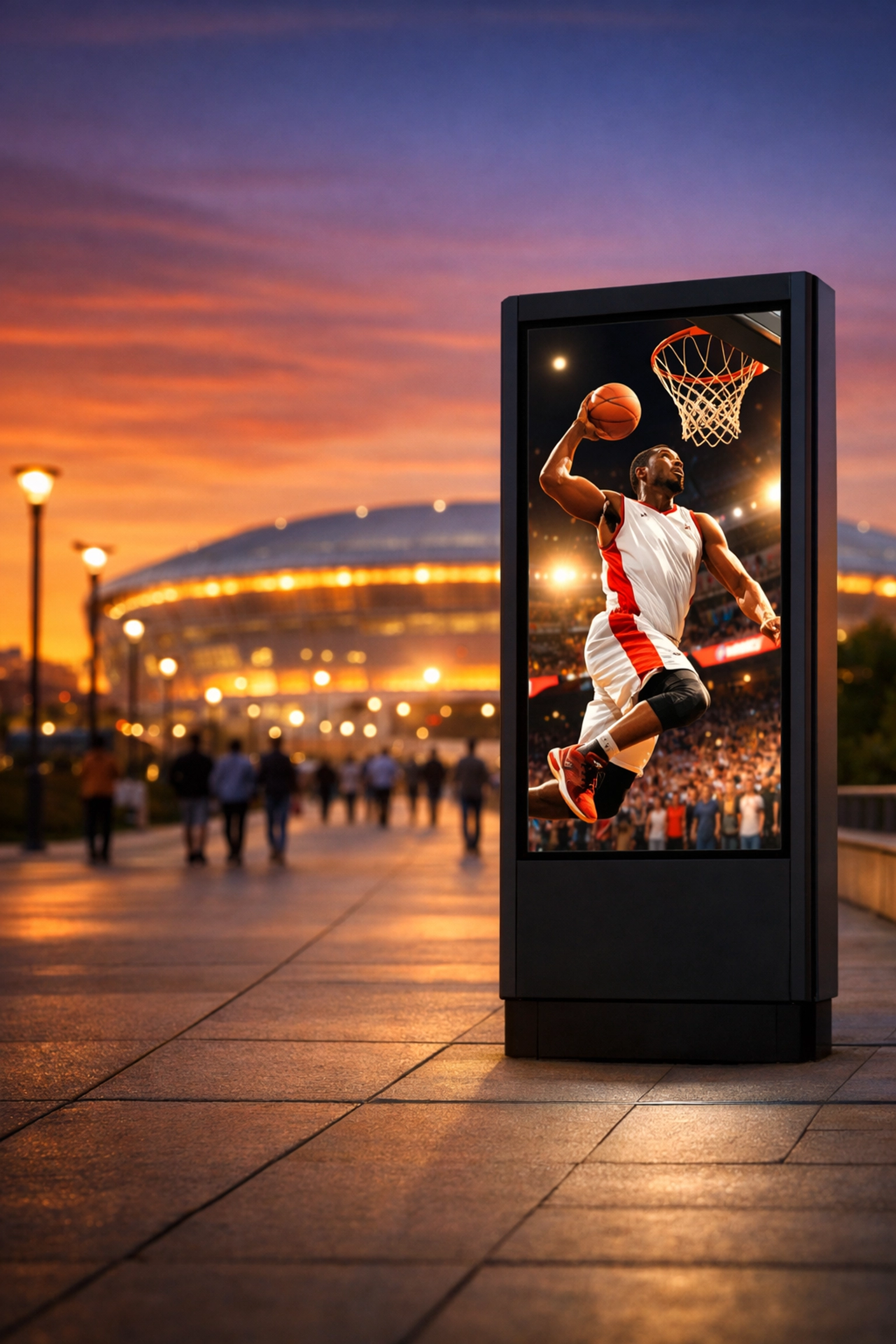 Digital OOH screen showing basketball highlights near a stadium to drive post-game fan engagement.