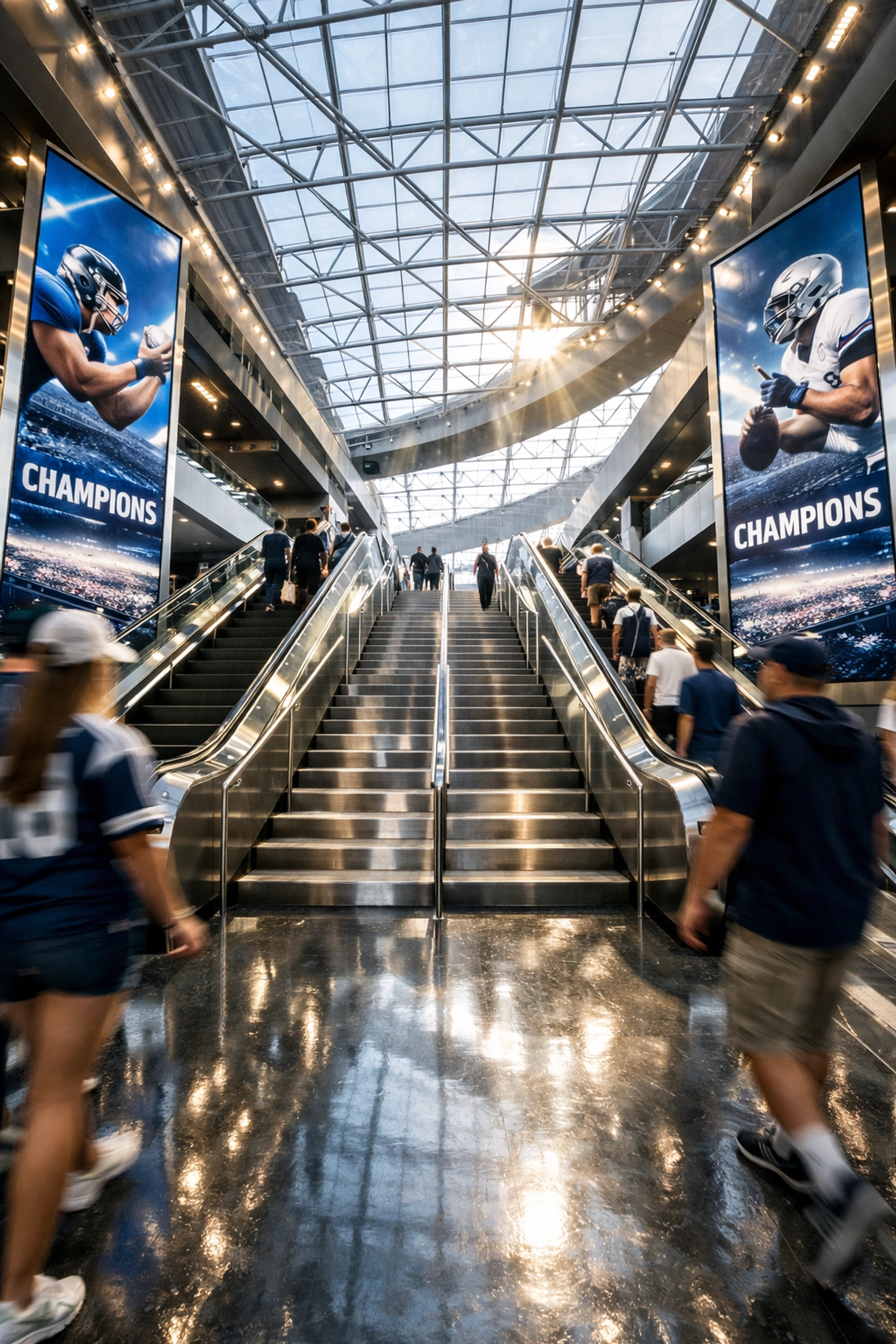 Modern stadium concourse featuring high-impact digital OOH display panels and vertical brand integration.