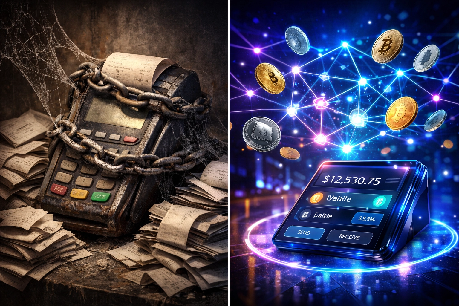 Traditional payment terminal vs blockchain Web3 payment network comparison showing fee reduction