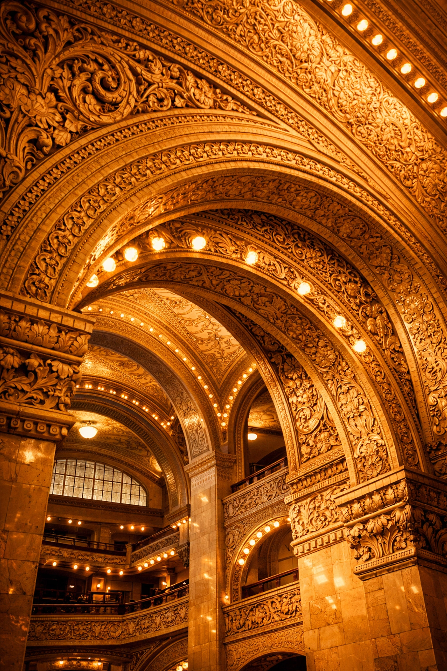 Louis Sullivan's Chicago Auditorium Building interior with ornate terra cotta details and grand arches