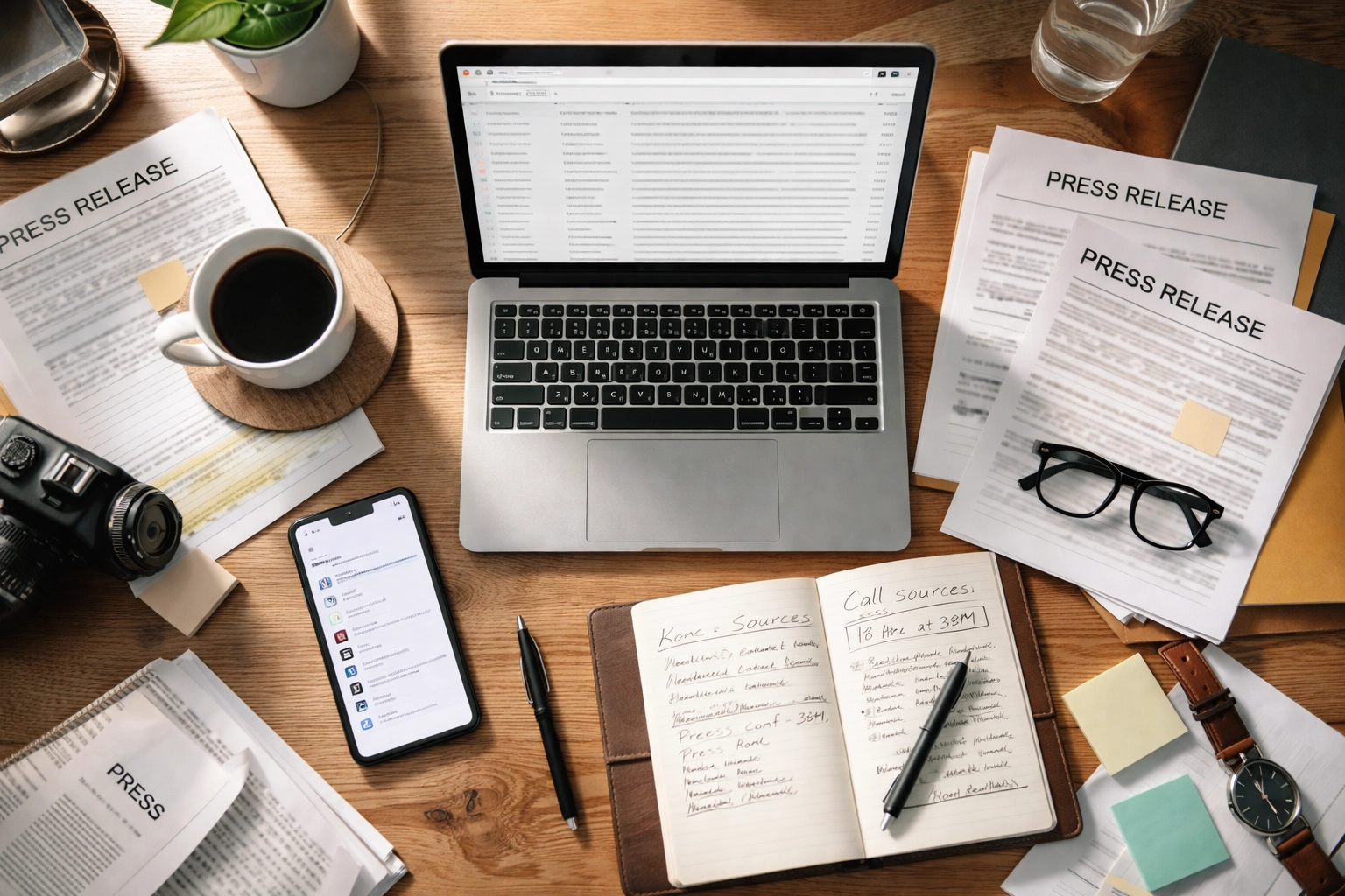 Overhead view of busy journalist workspace showing overflowing inbox and press materials, illustrating media pitching challenges