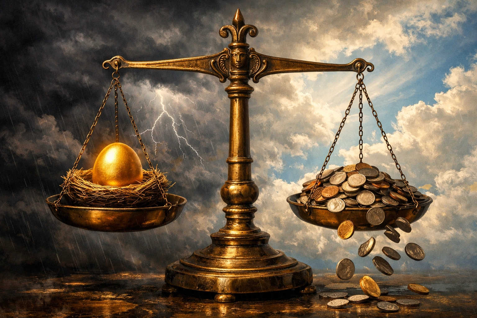 Balanced scale with nest egg and coins depicting portfolio rebalancing during market volatility
