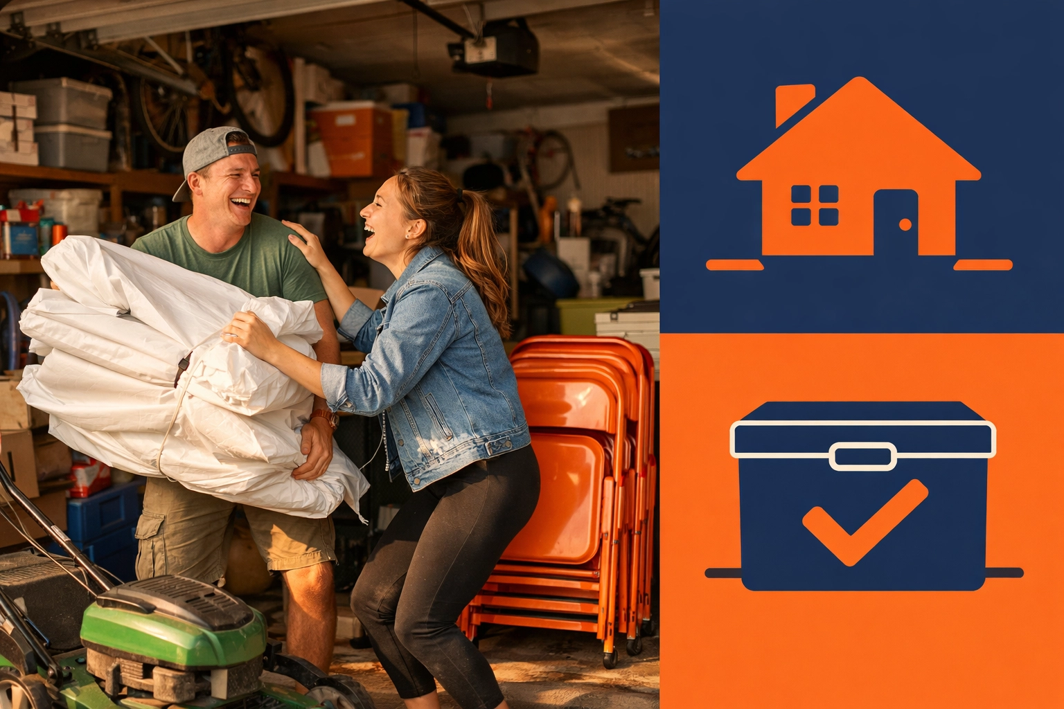 Woburn couple managing bulky event tent and folding chairs in a crowded garage